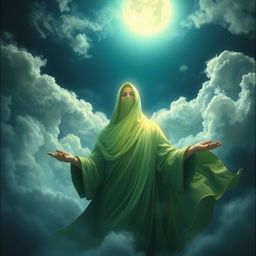 A mystical scene depicting Imam e Zamana, wearing a flowing green dress, surrounded by ethereal clouds under a luminous night sky