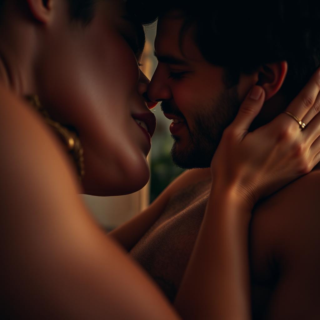 A close-up, artistic interpretation of intense emotion and connection during an intimate moment between two adult partners