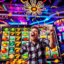 A thrilling moment in a vibrant slot game, showcasing a colorful array of spinning reels filled with vivid symbols like fruits, lucky sevens, and gold coins