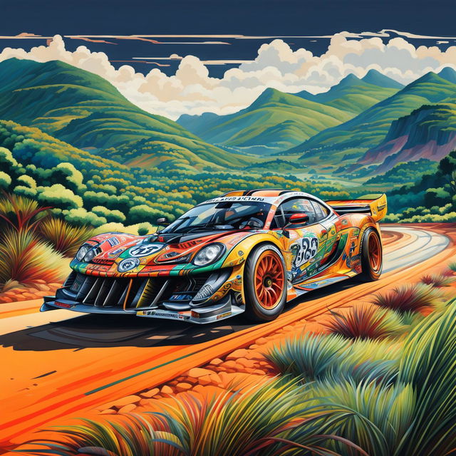 The digital art piece presents a race car from South Africa, adorned with South African-inspired motifs and flag colors, speeding down a winding road