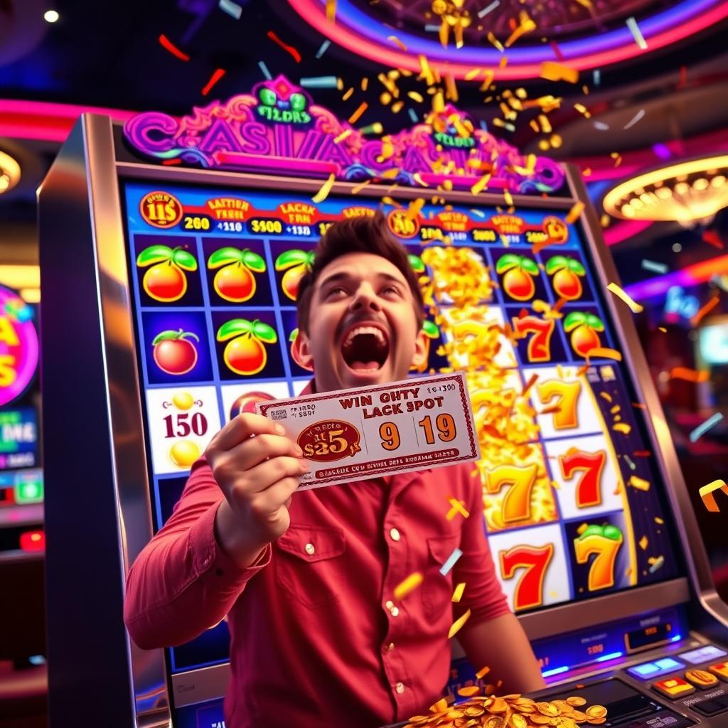 A thrilling moment in a vibrant slot game, showcasing a colorful array of spinning reels filled with vivid symbols like fruits, lucky sevens, and gold coins