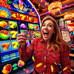 A thrilling moment in a vibrant slot game, showcasing a colorful array of spinning reels filled with vivid symbols like fruits, lucky sevens, and gold coins