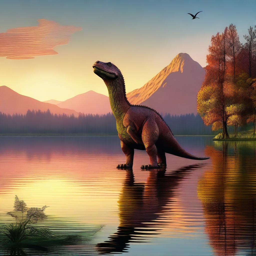 An enchanting digital art depicting a dinosaur peacefully camping by a serene lake