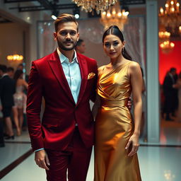 A full body portrait of a stylish couple at a fashion party, showcasing their exquisite attire