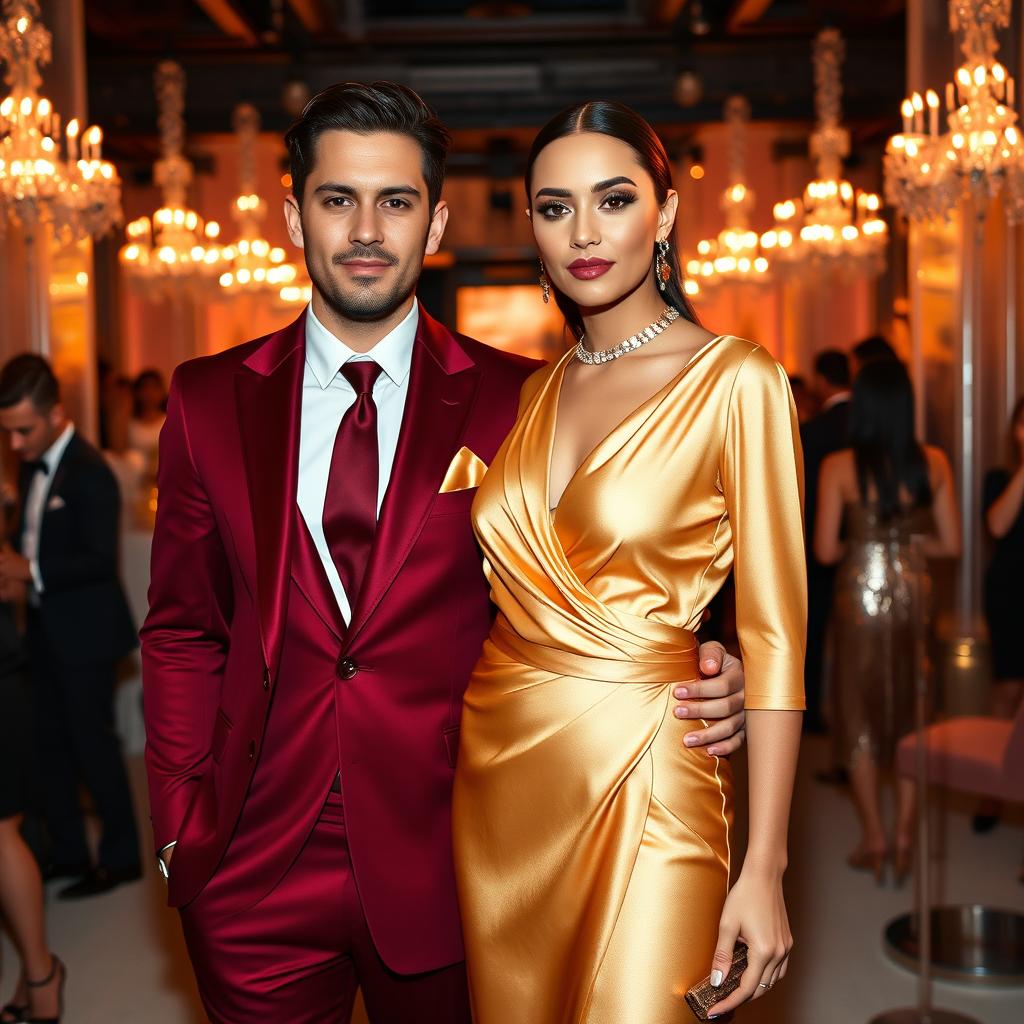 A full body portrait of a stylish couple at a fashion party, showcasing their exquisite attire