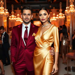 A full body portrait of a stylish couple at a fashion party, showcasing their exquisite attire