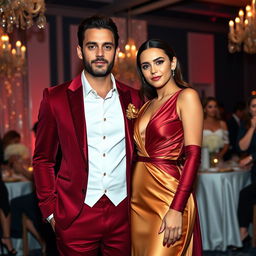A full body portrait of a stylish couple at a fashion party, showcasing their exquisite attire