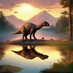 An enchanting digital art depicting a dinosaur peacefully camping by a serene lake