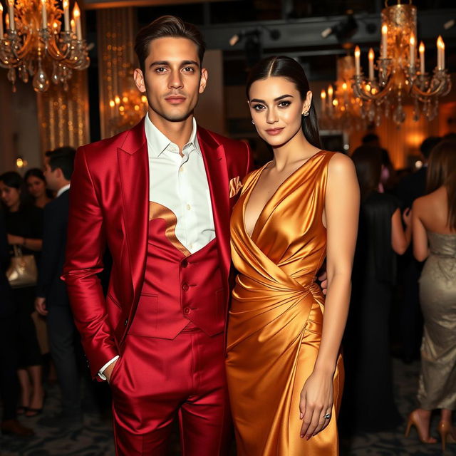 A full body portrait of a stylish couple at a fashion party, showcasing their exquisite attire