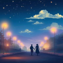 A vibrant, dreamy artwork depicting a serene night scene with an ethereal atmosphere