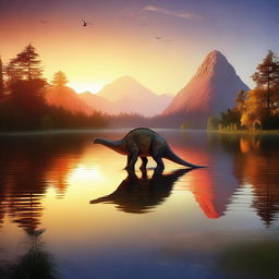 An enchanting digital art depicting a dinosaur peacefully camping by a serene lake