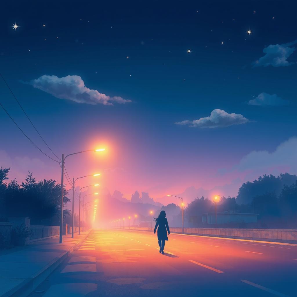 A vibrant, dreamy artwork depicting a serene night scene with an ethereal atmosphere