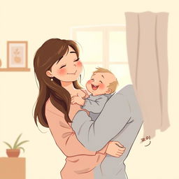 A warm and loving illustration depicting a mother gently holding her child, showing a serene and affectionate expression