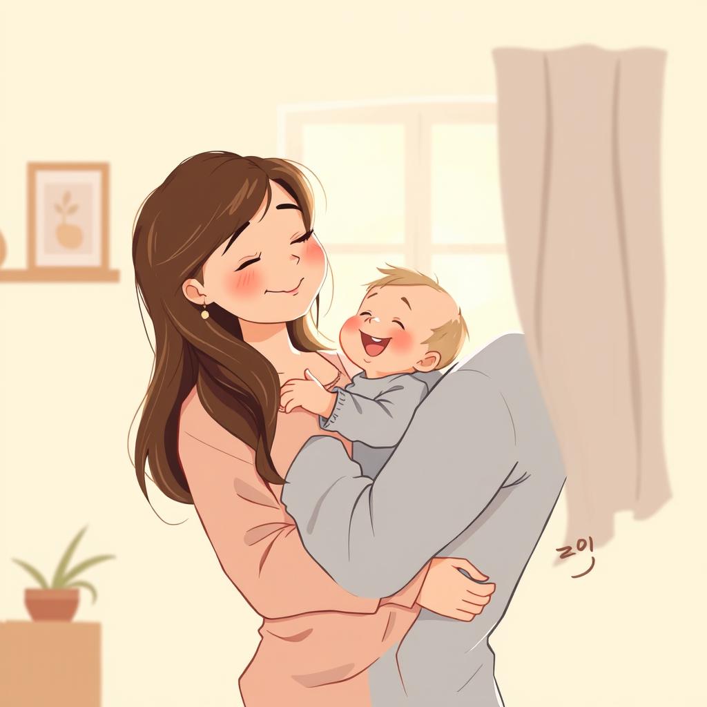 A warm and loving illustration depicting a mother gently holding her child, showing a serene and affectionate expression
