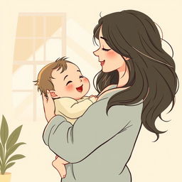 A warm and loving illustration depicting a mother gently holding her child, showing a serene and affectionate expression