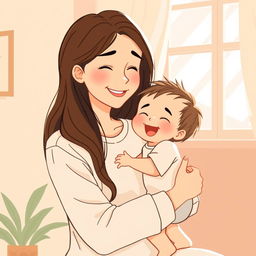 A warm and loving illustration depicting a mother gently holding her child, showing a serene and affectionate expression