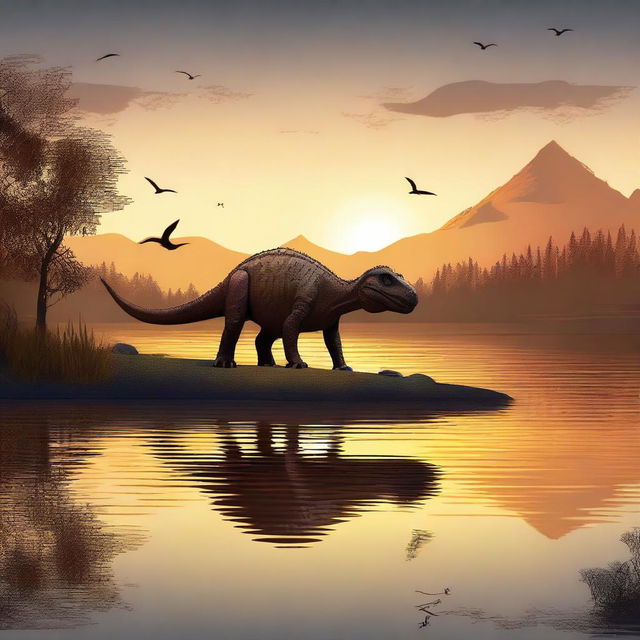 An enchanting digital art depicting a dinosaur peacefully camping by a serene lake