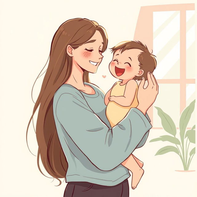 A warm and loving illustration depicting a mother gently holding her child, showing a serene and affectionate expression