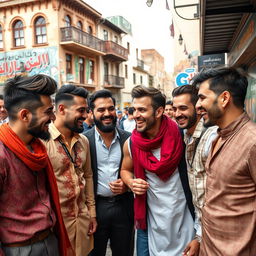 A group of Persian gay men, showcasing a range of styles and fashions, with distinct traditional Persian fashion influences