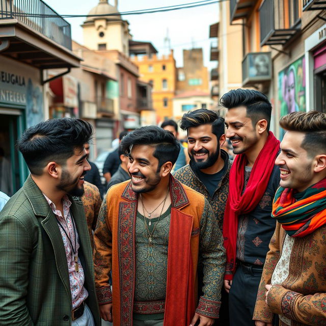 A group of Persian gay men, showcasing a range of styles and fashions, with distinct traditional Persian fashion influences