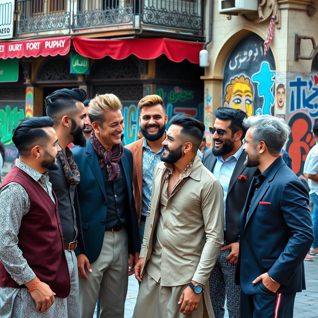 A group of Persian gay men, showcasing a range of styles and fashions, with distinct traditional Persian fashion influences