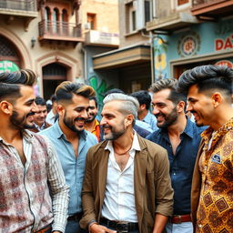 A group of Persian gay men, showcasing a range of styles and fashions, with distinct traditional Persian fashion influences