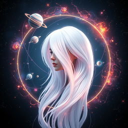 A stunning 3D render portrait of an ethereal circle with long, luminous white hair, surrounded by a mesmerizing dark starry space backdrop