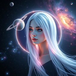 A stunning 3D render portrait of an ethereal circle with long, luminous white hair, surrounded by a mesmerizing dark starry space backdrop
