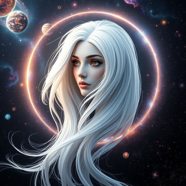 A stunning 3D render portrait of an ethereal circle with long, luminous white hair, surrounded by a mesmerizing dark starry space backdrop