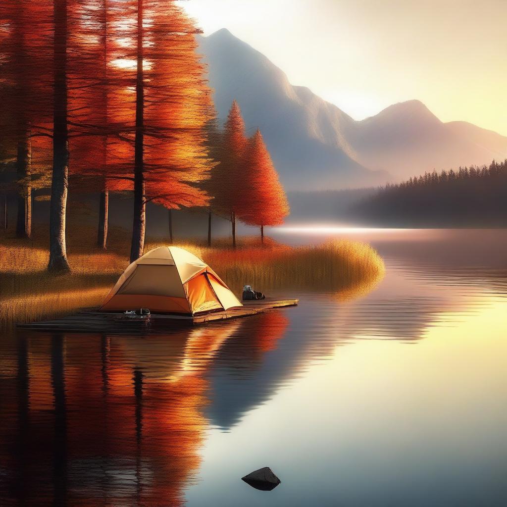 A high-quality digital art piece portraying a serene camping scene by a lake during sunrise