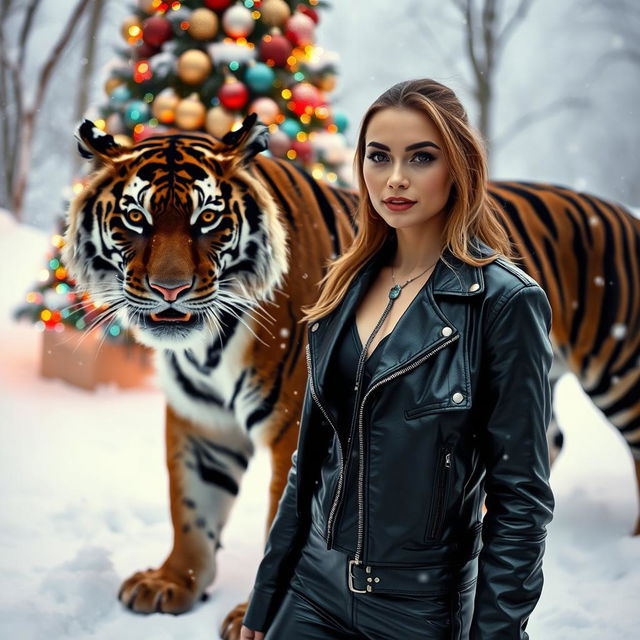 A person wearing a sleek black leather outfit, confidently standing next to a majestic black tiger in a snowy landscape