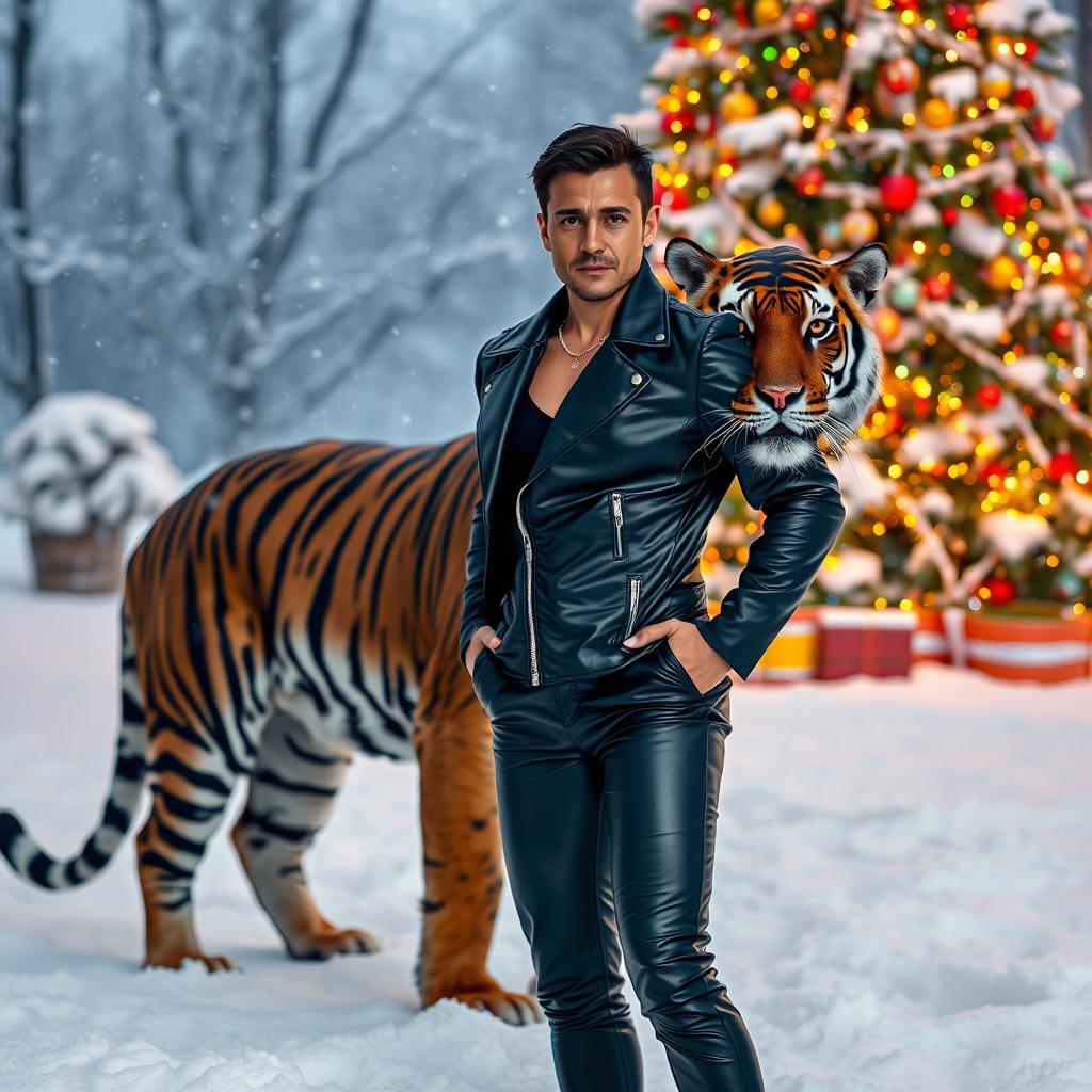 A person wearing a sleek black leather outfit, confidently standing next to a majestic black tiger in a snowy landscape