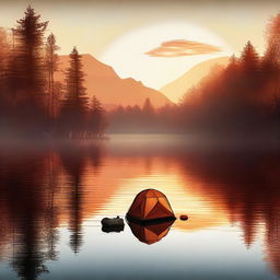 A high-quality digital art piece portraying a serene camping scene by a lake during sunrise