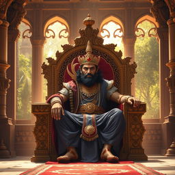 An epic scene depicting King Vikram, the valiant ruler of the Vikrampur kingdom, sitting on his grand throne adorned in majestic royal attire