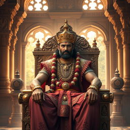 An epic scene depicting King Vikram, the valiant ruler of the Vikrampur kingdom, sitting on his grand throne adorned in majestic royal attire