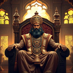 An epic scene depicting King Vikram, the valiant ruler of the Vikrampur kingdom, sitting on his grand throne adorned in majestic royal attire