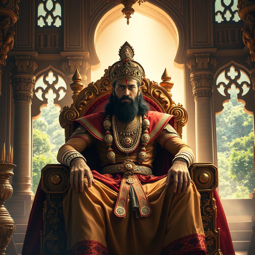 An epic scene depicting King Vikram, the valiant ruler of the Vikrampur kingdom, sitting on his grand throne adorned in majestic royal attire