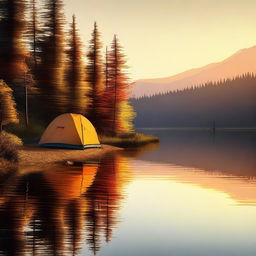 A high-quality digital art piece portraying a serene camping scene by a lake during sunrise