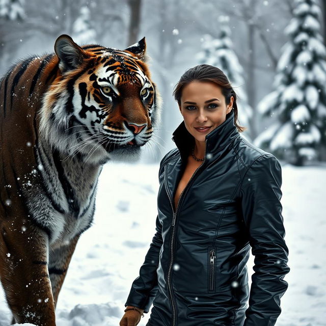 A striking image of a person wearing a sleek black leather outfit, standing confidently near a majestic black tiger in a snowy landscape