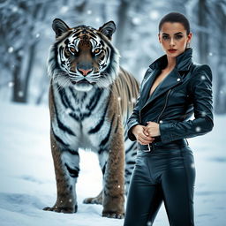 A striking image of a person wearing a sleek black leather outfit, standing confidently near a majestic black tiger in a snowy landscape