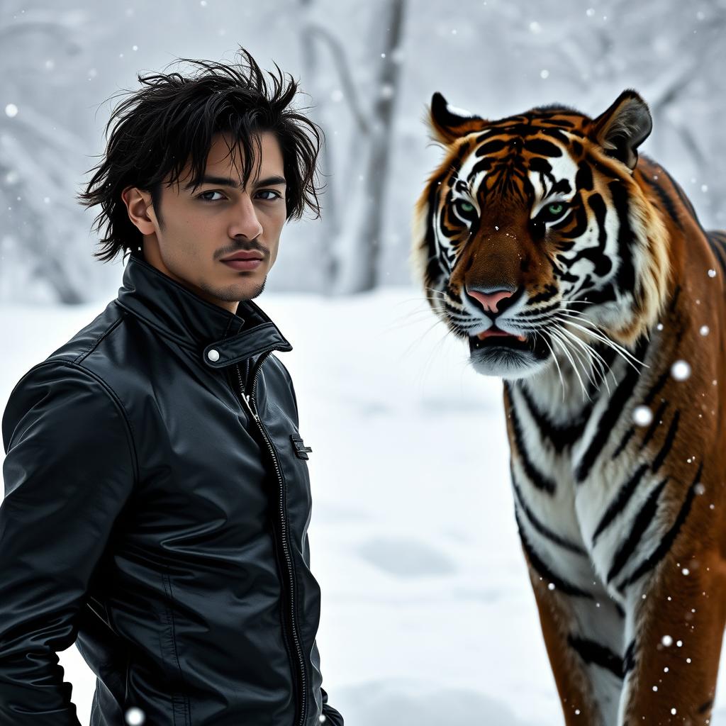 A striking image of a person wearing a sleek black leather outfit, standing confidently near a majestic black tiger in a snowy landscape