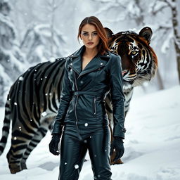 A striking image of a person wearing a sleek black leather outfit, standing confidently near a majestic black tiger in a snowy landscape