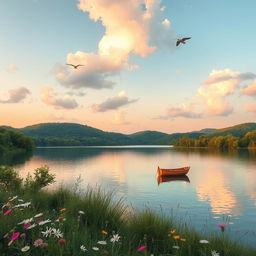 A tranquil and peaceful landscape, featuring a serene lake surrounded by lush green trees and gentle hills