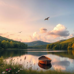 A tranquil and peaceful landscape, featuring a serene lake surrounded by lush green trees and gentle hills