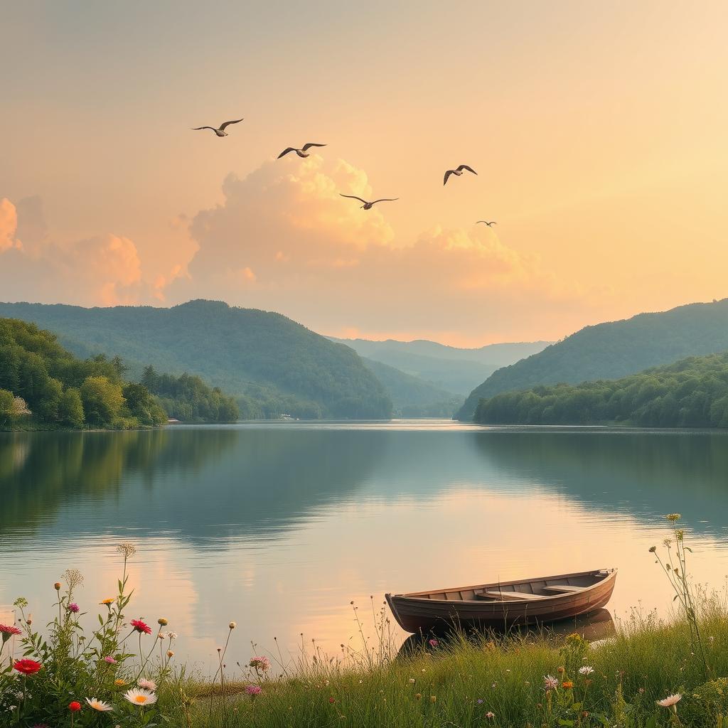 A tranquil and peaceful landscape, featuring a serene lake surrounded by lush green trees and gentle hills