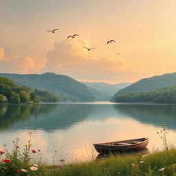A tranquil and peaceful landscape, featuring a serene lake surrounded by lush green trees and gentle hills