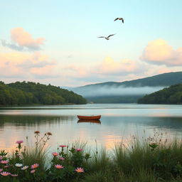 A tranquil and peaceful landscape, featuring a serene lake surrounded by lush green trees and gentle hills