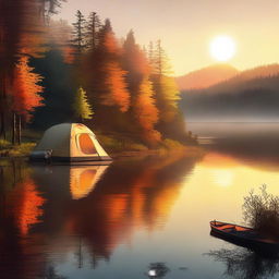 A high-quality digital art piece portraying a serene camping scene by a lake during sunrise