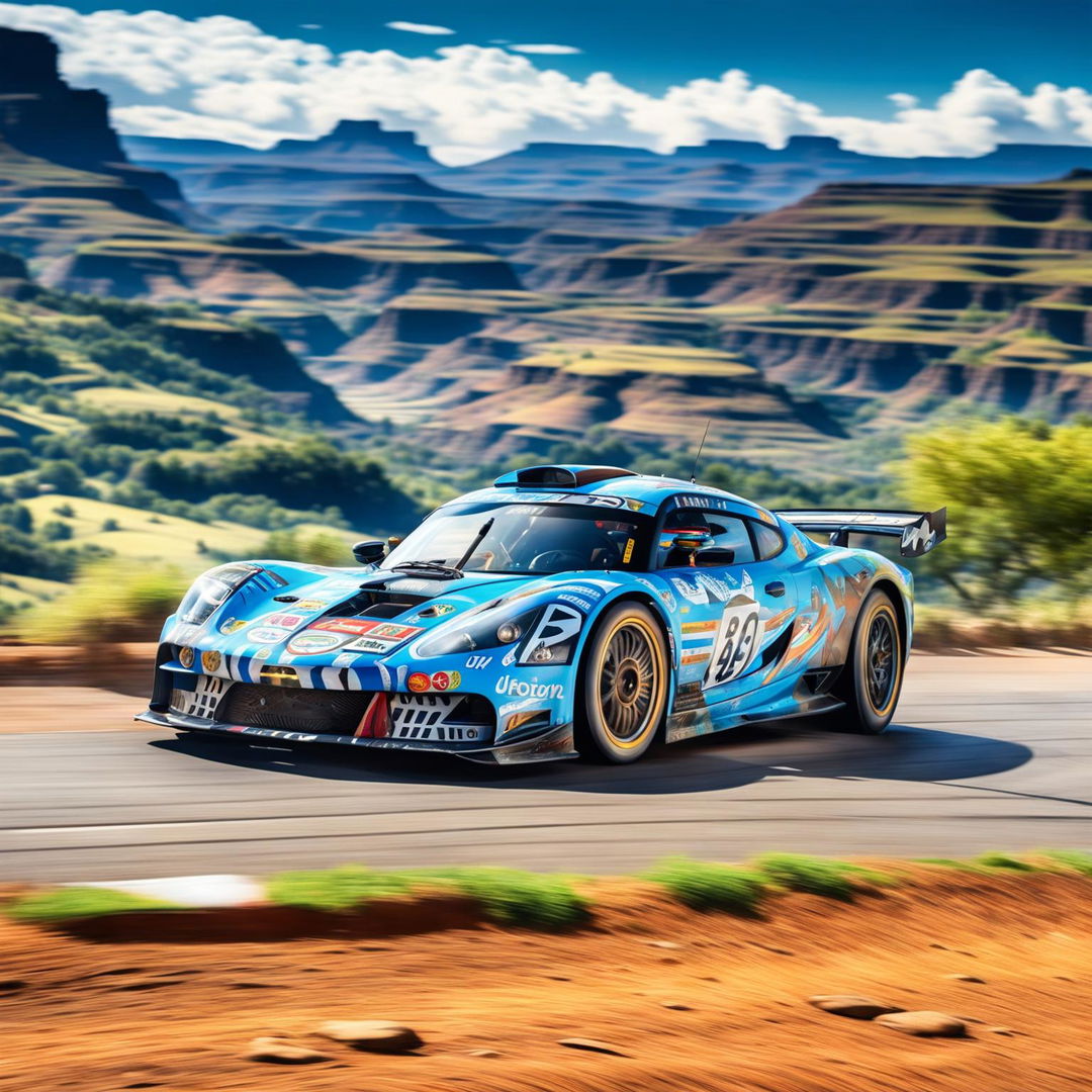 The digital art image features a race car from Lesotho, decorated with traditional Basotho motifs and the country's flag colors