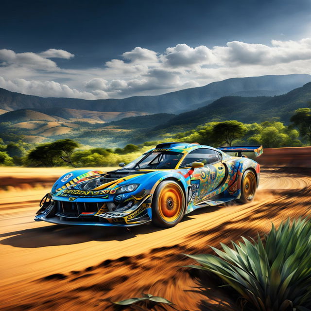 The digital art piece presents a race car from Swaziland, adorned with Swazi-inspired motifs and flag colors, speeding down a winding road